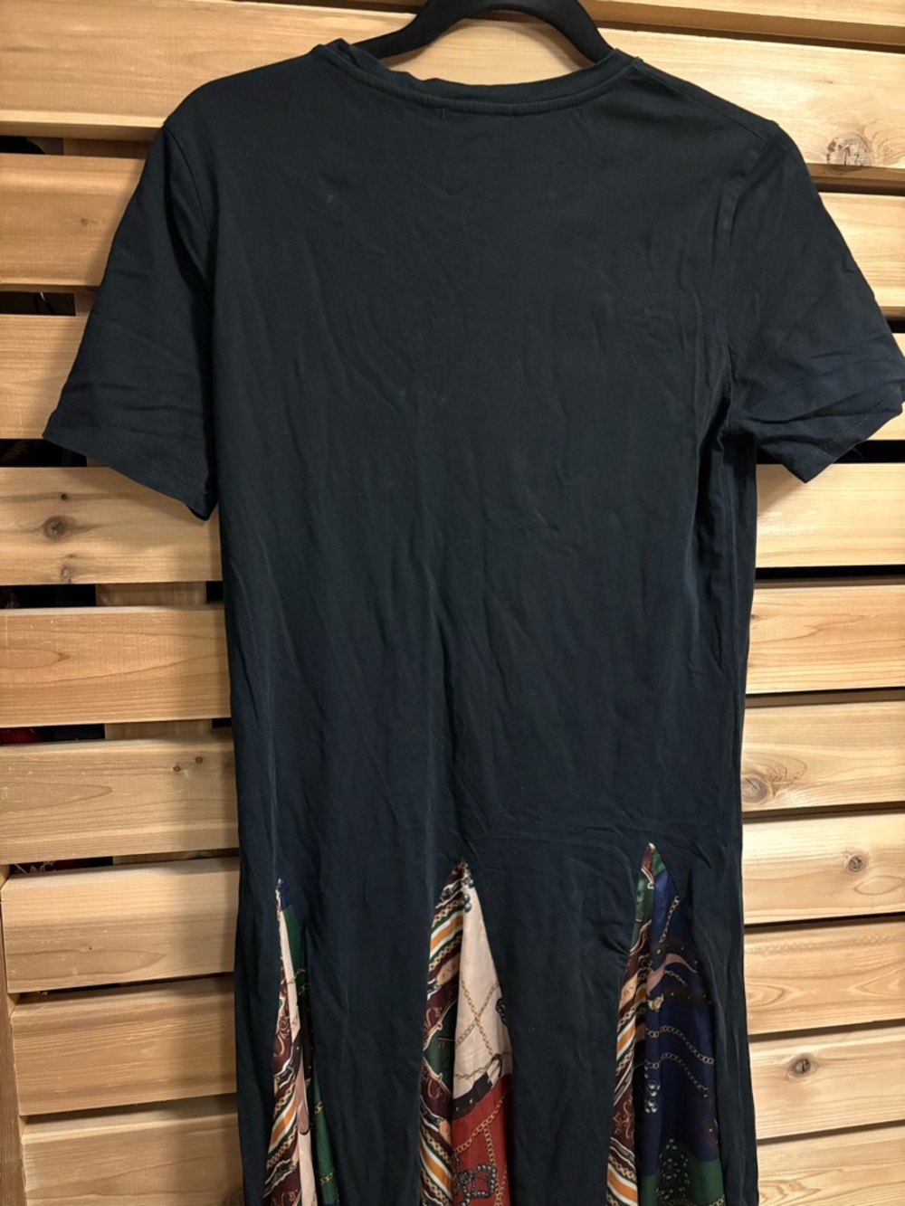 Zara Basic Black Short-Sleeve Midi Dress with Multicolor Handkerchief Inset - Picture 4 of 5